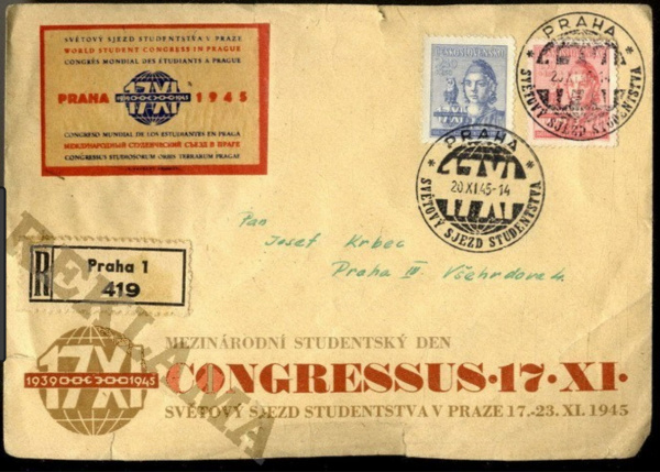 Dopisní obálka, poštovní známky a příležitostné poštovní razítko propagující Světový sjezd studentstva v Praze ve dnech 17. až 23. listopadu 2011 a Mezinárodní studentský den 17. listopadu. 